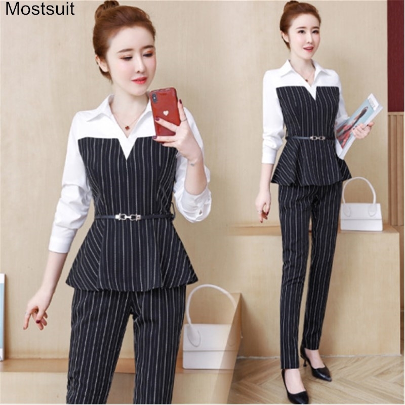 Women Formal Striped Two Piece Set Suit Plus Size Spring Autumn Fashion Patchwork Tunic Fake Tops And Pants Sets 210518, Black
Women Formal Striped Two Piece Set Suit Plus Size Spring Autumn Fashion Patchwork Tunic Fake Tops And Pants Sets 210518, Black