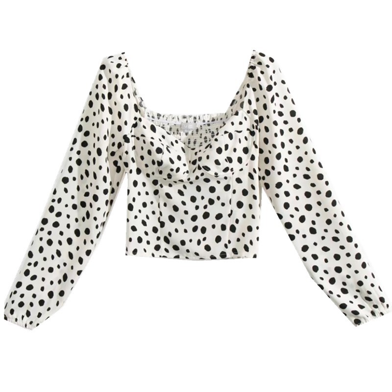 Vintage France Retro Long Puff Sleeve Leopard Print Shirt Women Slim Waist Short Blouse Cropped Girl's Tops 210429