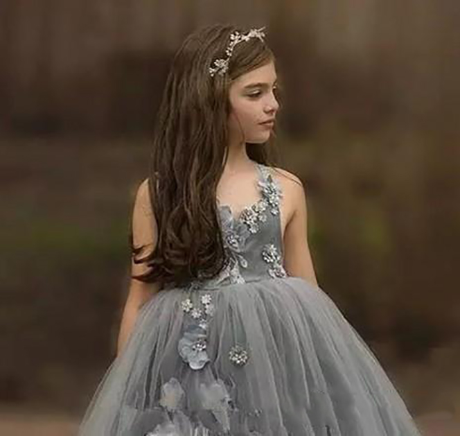 Princess Grey Flower Girl Dresses Ball Gown Handmade Flowers Beads Girls Pageant Dress Sweep Train Ruffles Skirt Tulle Kids Party Gowns 0509