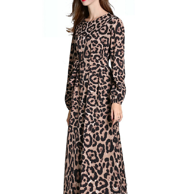 Women Leopard Print Ankle Length Dress Vintage Long Sleeve Casual Party es Ladies Office Elegant O-Neck 210428