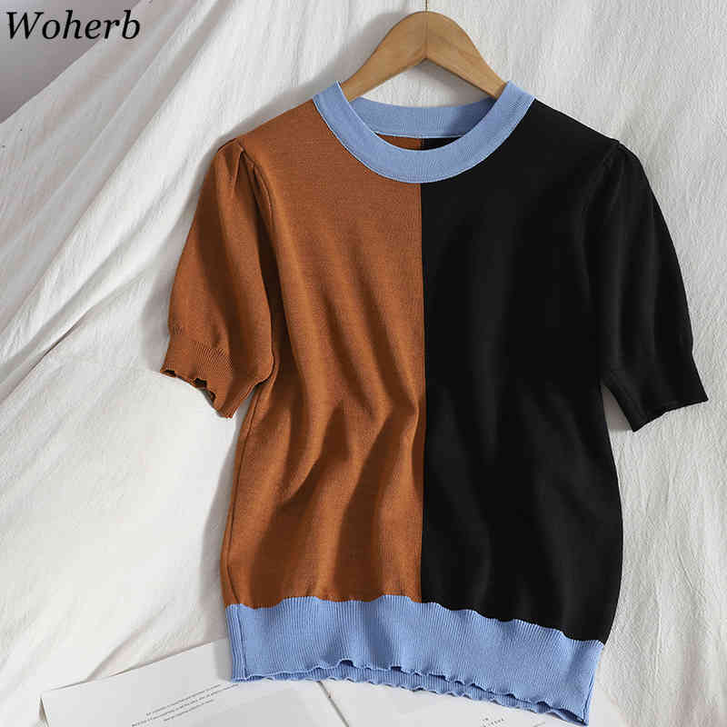 Summer Woman Tshirts Fashion Contrast Color Patchwork Shirts Korean Knitted Tees Loose Casual Pullovers Tops Femme 210519