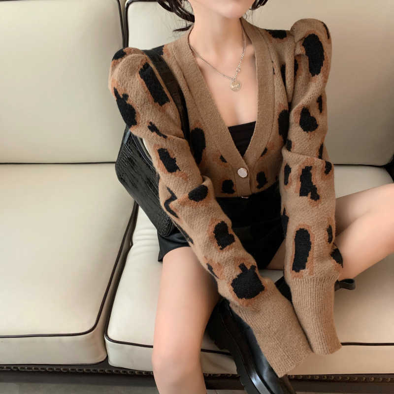 Nomikuma Vintage Leopard Knitted Cardigan Coat Causal Puff Long Sleeve V-neck Sweater Women Knitwear Jacket 6D728 211011Z