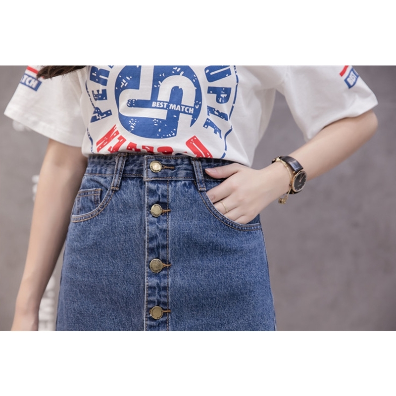 Flectit Button Front Midi Denim for Women Casual High Waist Fray Hem with Pocket Knee Length Jeans Skirt Female * 210408