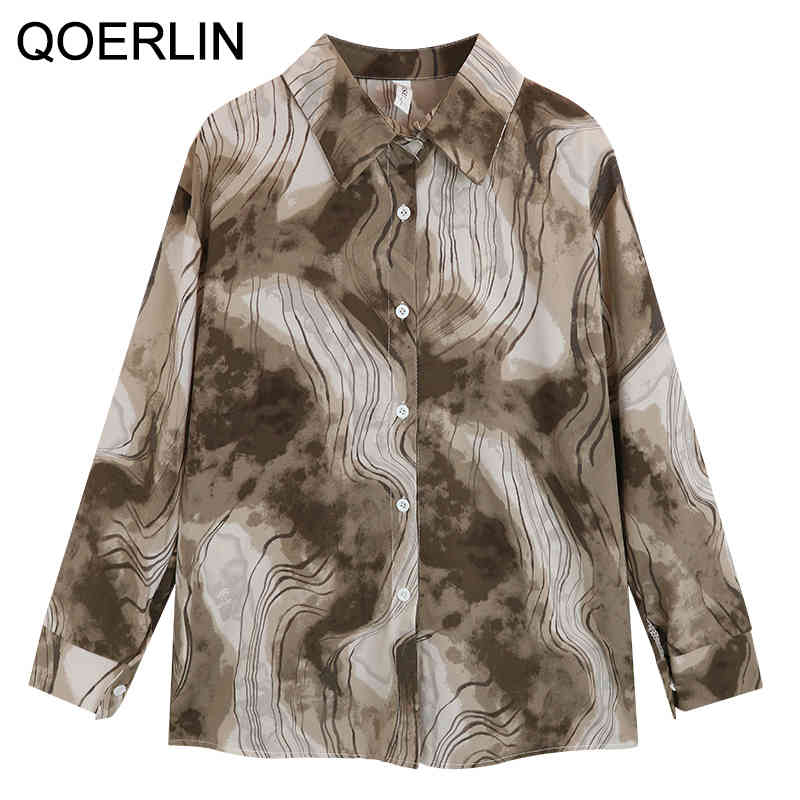 QOELRIN Vintage Ink Print Button Blouses Women Single Breasted Casual Chiffon Top Spring Korean Fashion Elegant Shirts 210412