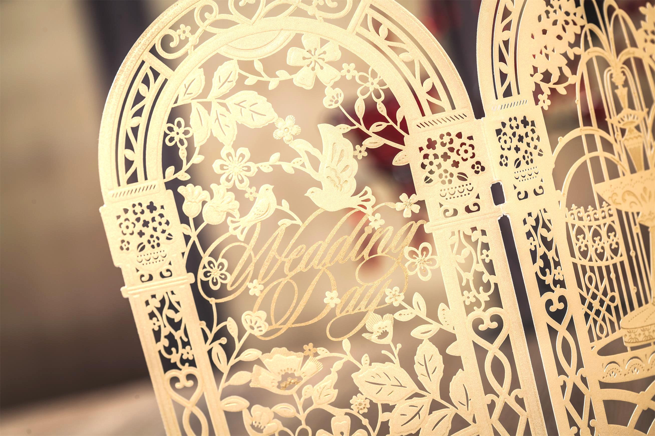 2021 Gold custom personalized Wishmade laser cut wedding invitation cards kit, with envelopes, seals, personalized printing, for wedding