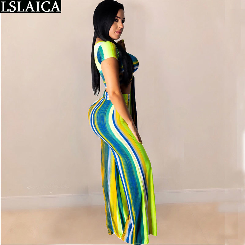 Two Piece Set Women Crop Top Lacing&Long Pant Color Print Casual Sexy 2 Plus Size African 2 s Womens Outfits 210520