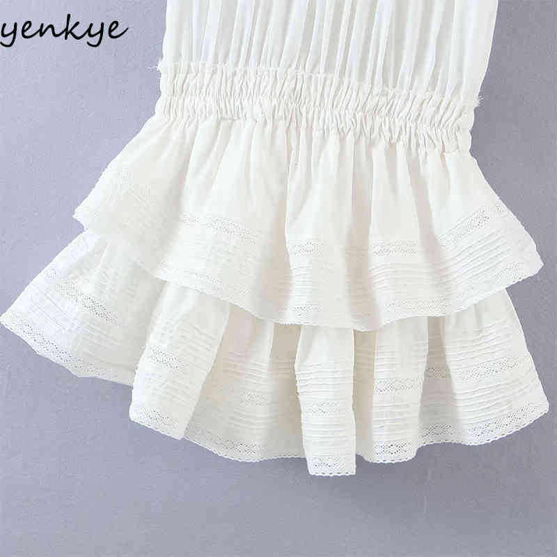 Summer Women Sweet Lace White Dress Female Short Sleeve Layered Ruffle Cake Party Mini Vestido 210430