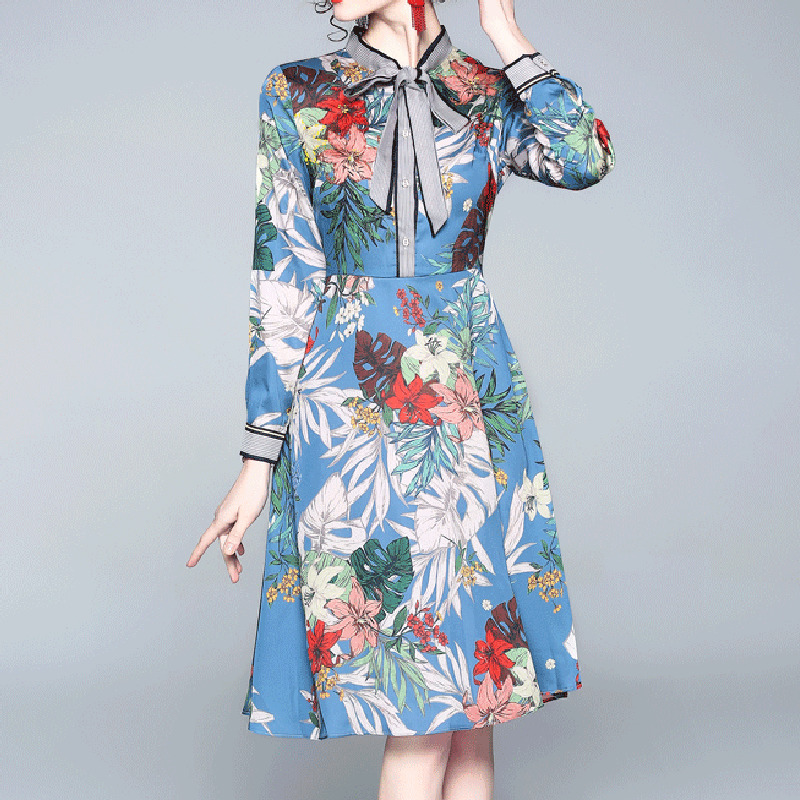 blue knee length dress bow collar tropical floral printed long high waist A-line dresses for women chic vestidos 210421