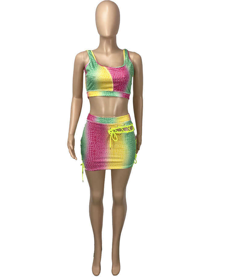 Beyprern Chic Rainbows Print Crop Top And Skirt Set Two-Piece Suits Womens Lace-Up Bandage Tracksuit Set Party Club Outfits 210708