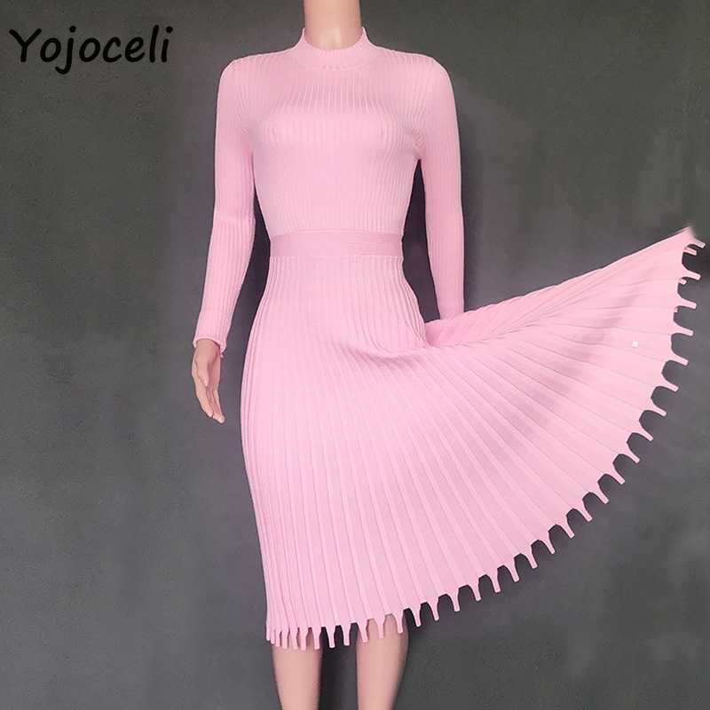 Yojoceli winter warm pleated knit dres streetwear slim knee length female vestidos 210609