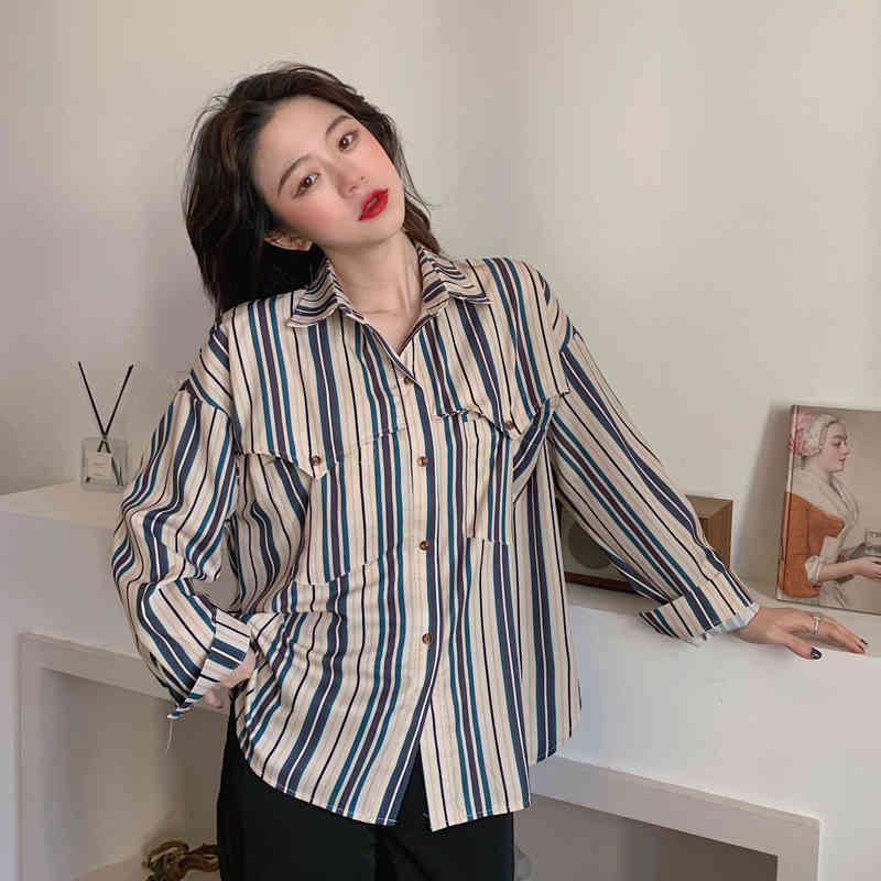 QOERLIN Striped Long Sleeve Turn Down Collar Elegant Plus Size Women Blouse Streetwear Oversize Shirts Big Size Blusa Feminine 210412