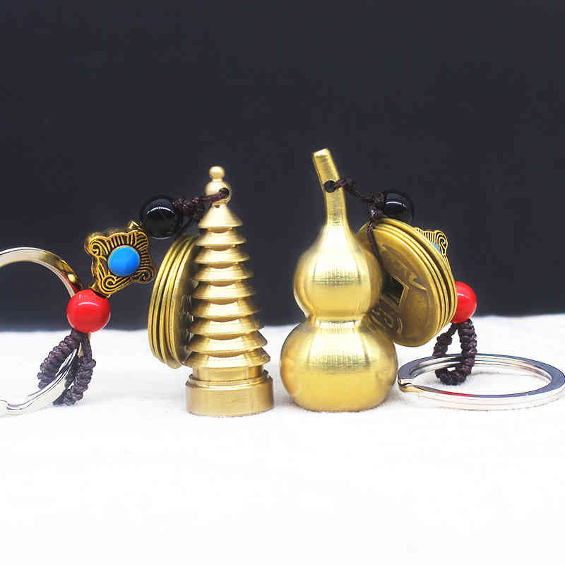 Key Rings True Copper China Wind Tiktok Feng Shui Calabash Chain Creative Mini Gifts Wax Lost Brass Ring Pendant