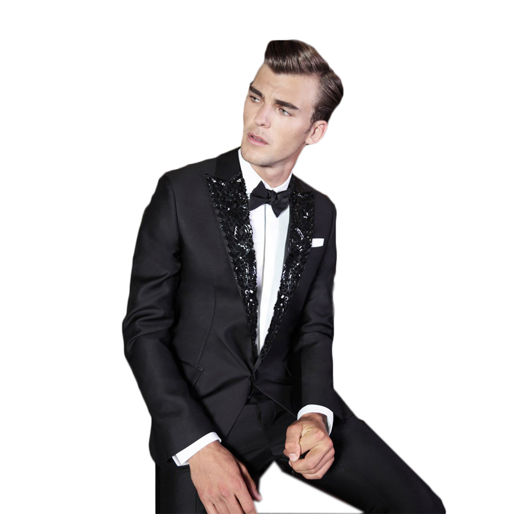 Designer Celebrity Mens Customized Wedding Tuxedos Sequins Lapel Red Carpet Men Wear Dinner Prom Party Blazer (Jacket+Pants)