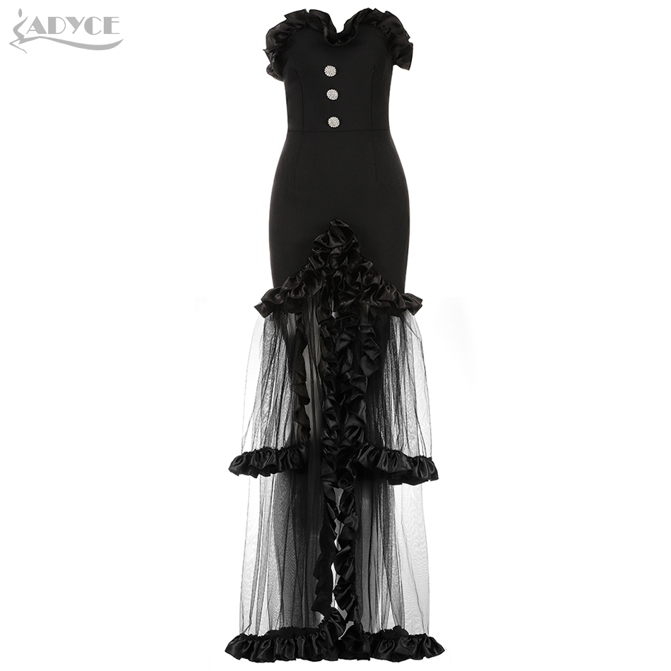 Summer Women Strapless Lace Bandage Maxi Dress Sexy Sleeveless Ruffles Club Celebrity Evening Runway Party 210423