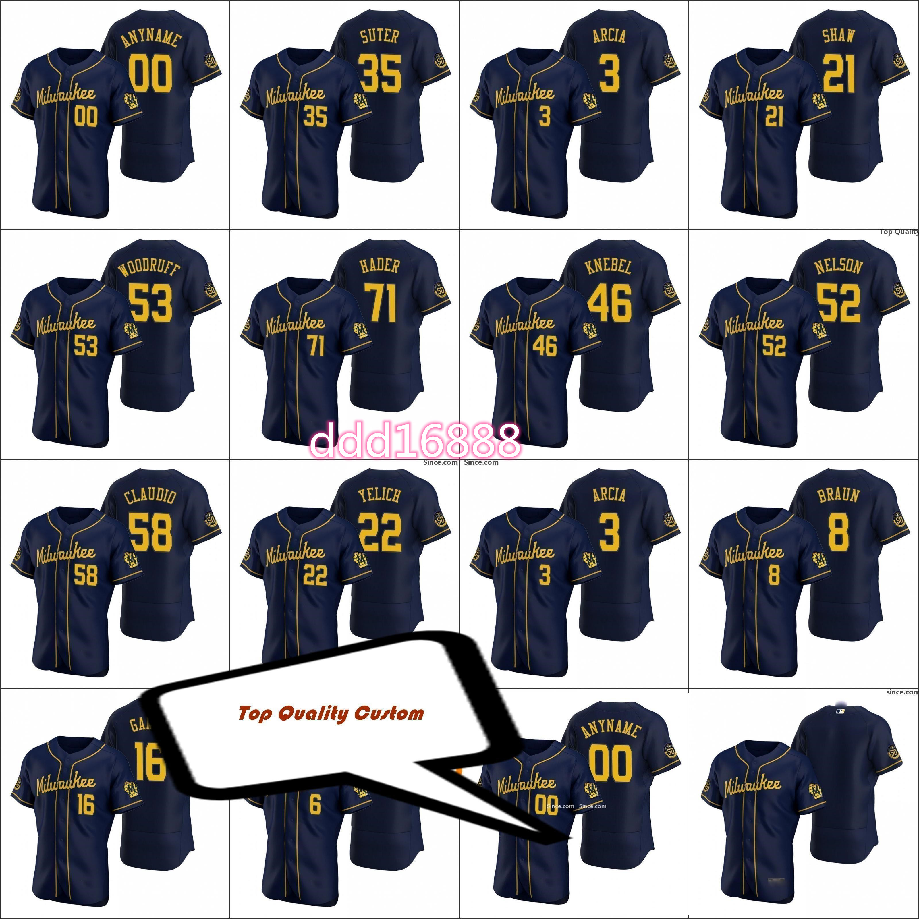 Milwaukee 22 Christian Yelich Brewer Jerseys 16 Ben Gamel 3 Orlando Arcia Men Women Youth Toddler Custom Navy 2021 Flex base Baseball Jersey