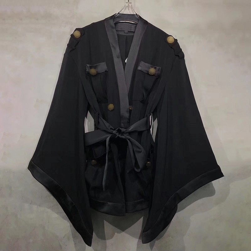 VGH Patchwork Elegant Women's Coat V Neck Long Flare Sleeve Casual Loose Pockets Black Coats Female Fashion Clothing Autumn 210421