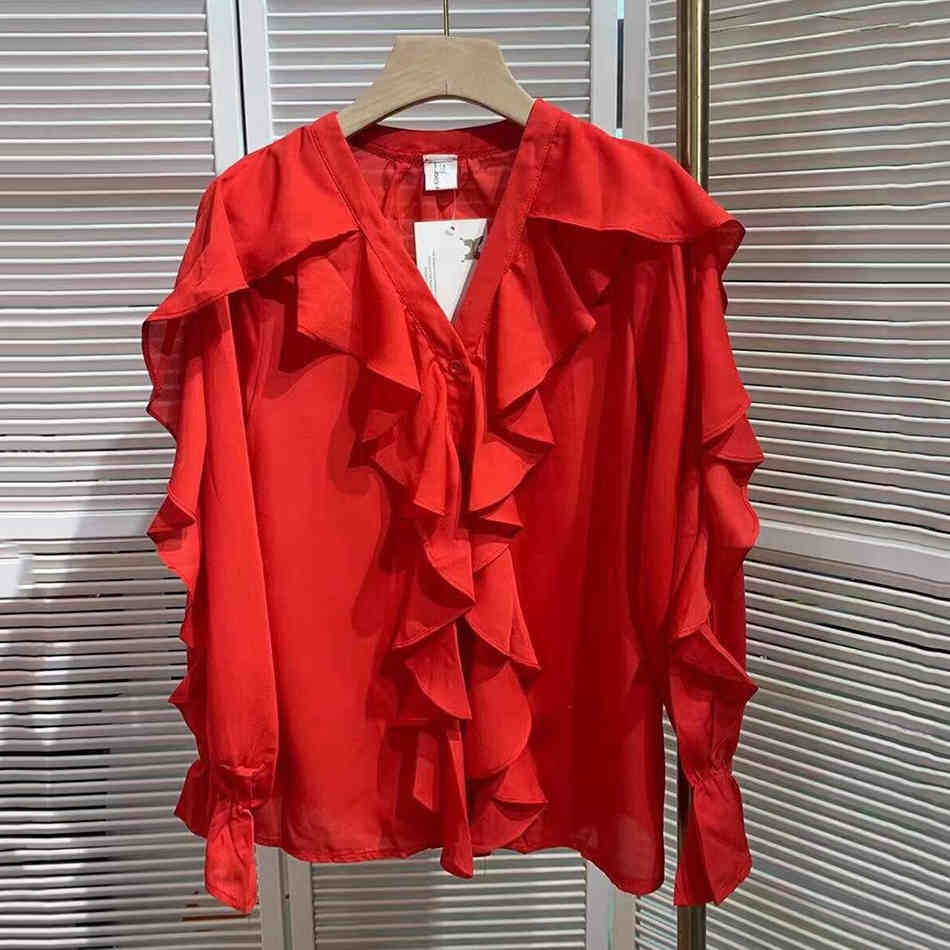 Free Women's Ruffle Blouse Spring V-neck Single-breasted Lantern Long Sleeve Pure Color Elegant Shirt Ladies 210524