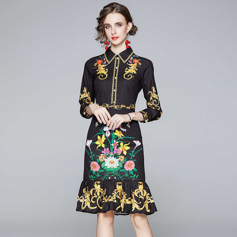 Autumn Women Printed Shirt Dress Black Sexy Female Elegant Slim Turn-Down Collar Long Sleeve Party Fishtail Dresses Vestidos 210525