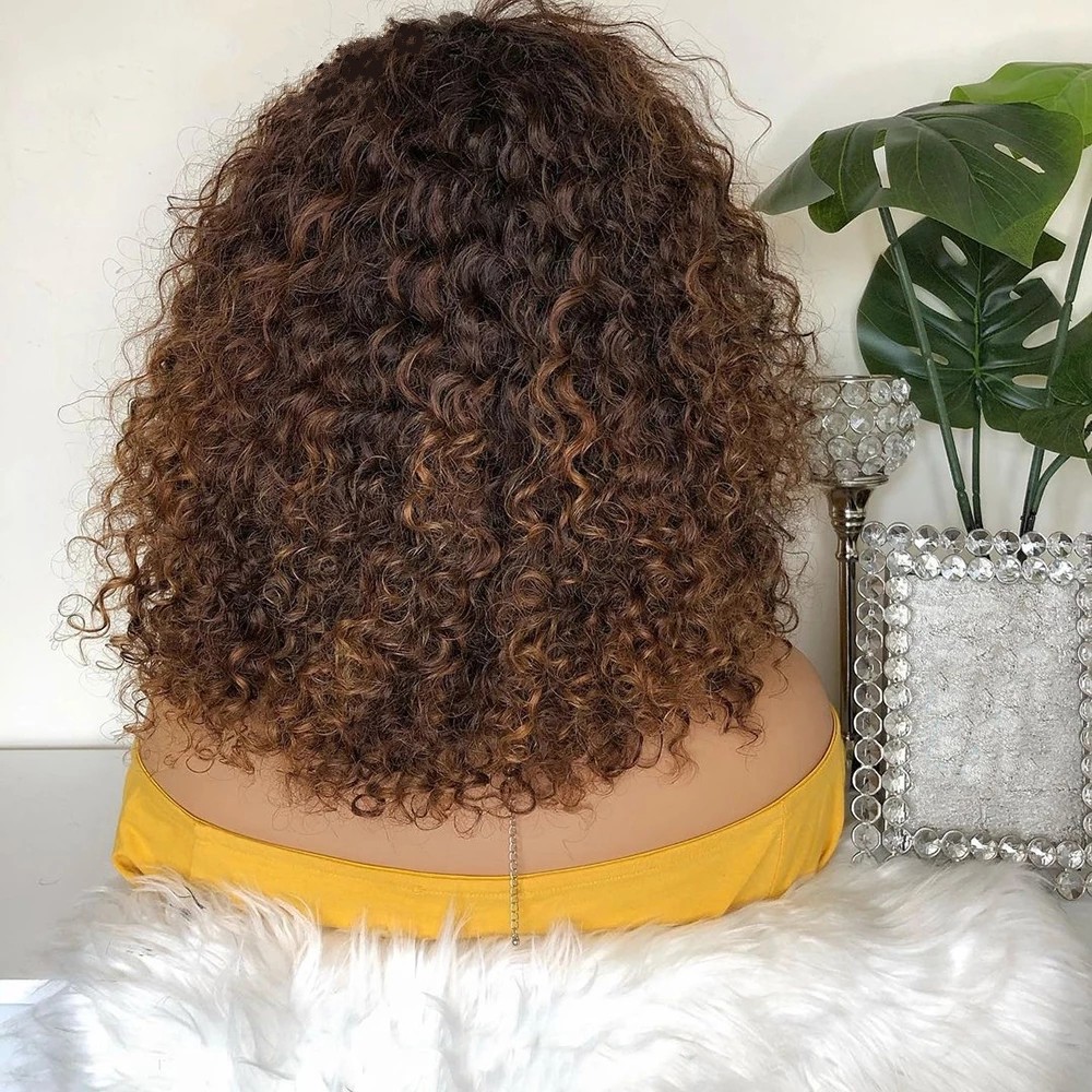 Brown/Black Color Brazilian Short Curly Lace Front Wigs For Black Women Pre Plucked With Bangs Synthetic Bob Frontal Wig