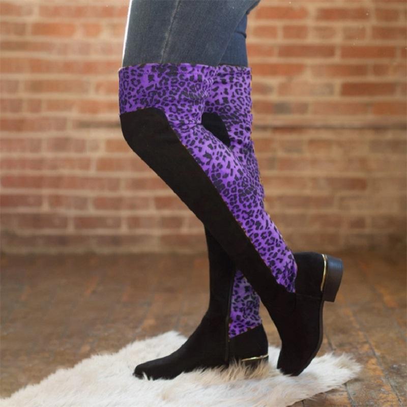 Elegant Women's Thigh High Boots - Round Toe, Comfortable Low Heels, Multiple Color Options Including Leopard