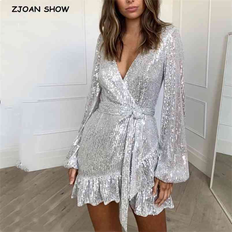 Autumn Ruffles Silver Sequins Wrap Dress Lacing up Waist Split Slim Fit Women Long sleeve Tea Dresses Bow Tide Vestido Party 210429
Autumn Ruffles Silver Sequins Wrap Dress Lacing up Waist Split Slim Fit Women Long sleeve Tea Dresses Bow Tide Vestido Party 210429