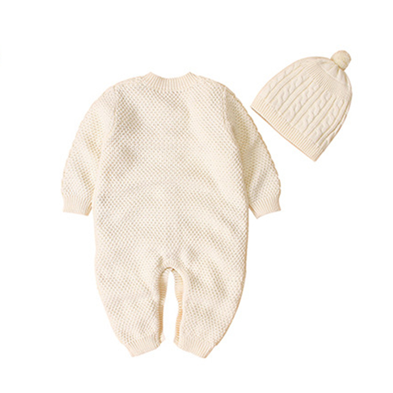 Autumn Winter Baby Boys Girls Pure Color Rompers Clothes + Hat 2PCS Children Boy Girl Kids Knitting Long Sleeve 210429