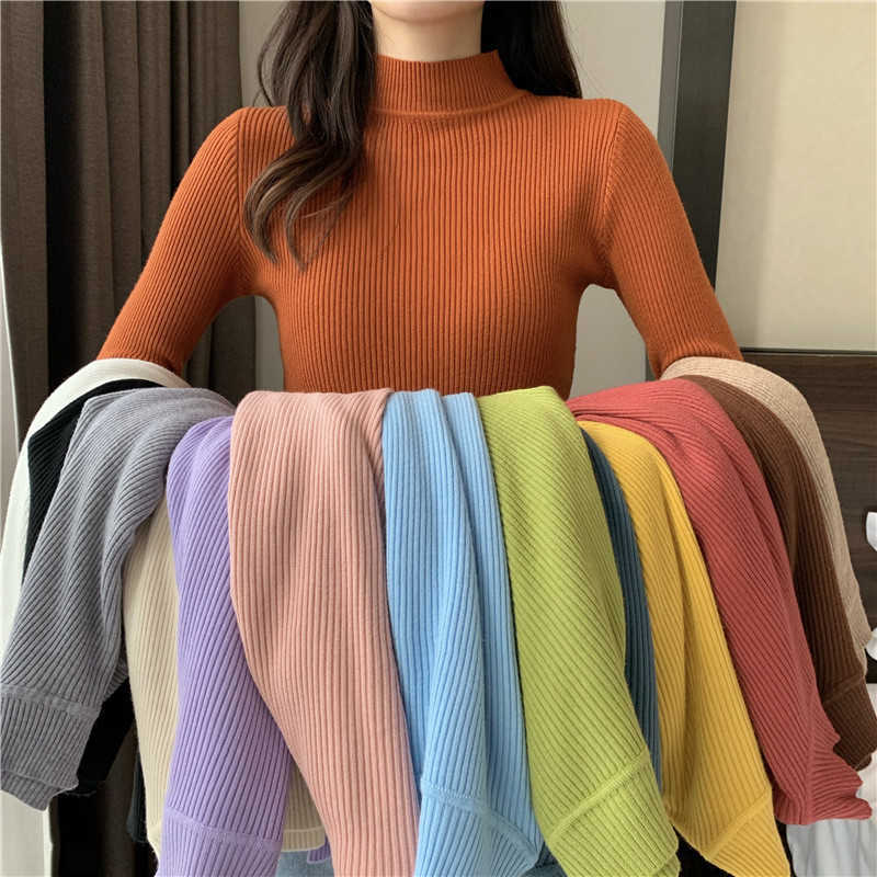 Spring Autumn Turtleneck Pullovers Sweaters Basic Women Long Sleeve Korean Slim Casual Jumper Female Knitted Top 211011Z