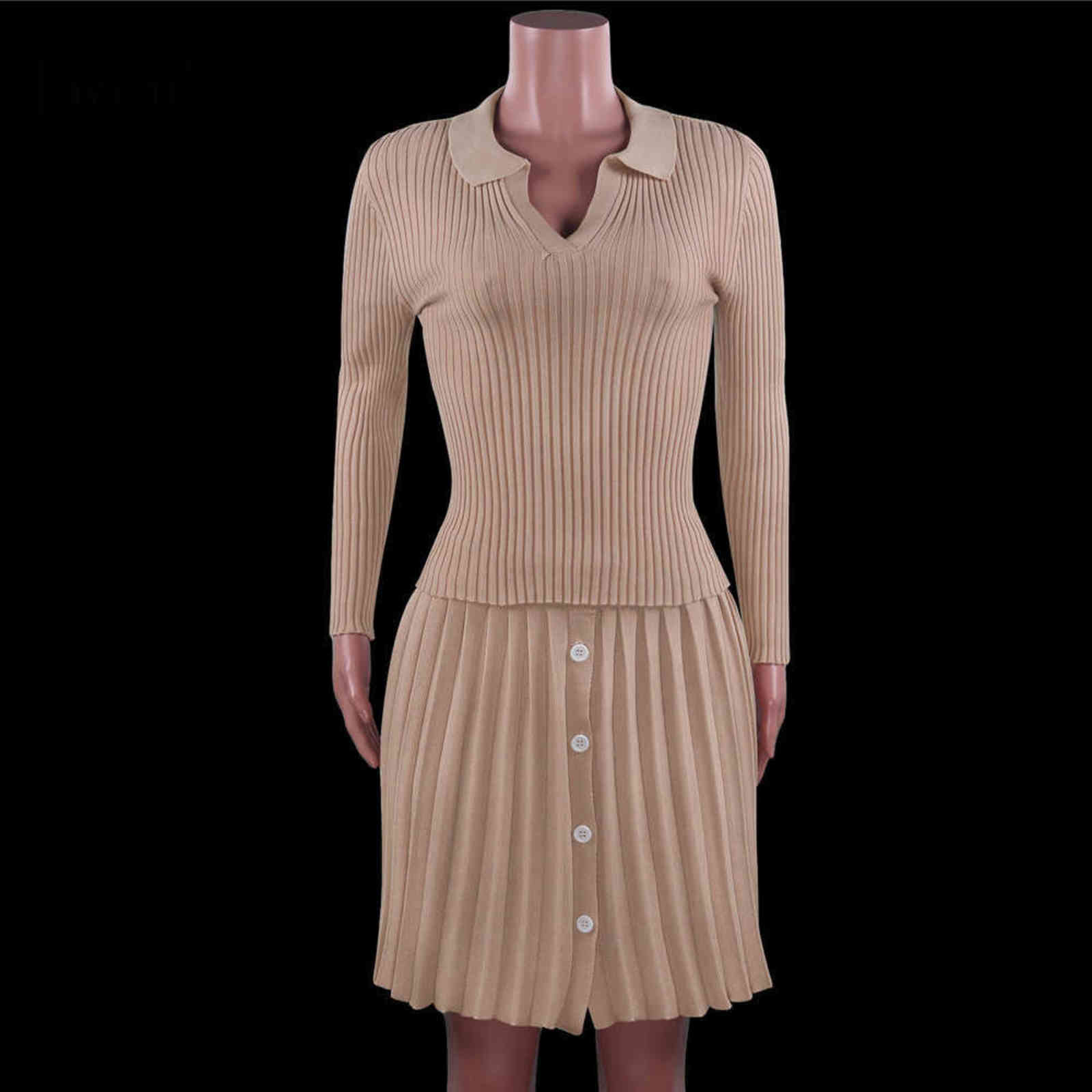 Two Piece Sweater Outfits Set Women Knitted Tops And Pleated Mini Skirts Long Sleeve V Neck Button Up Streetwear Sexy Skirt Sets 211109