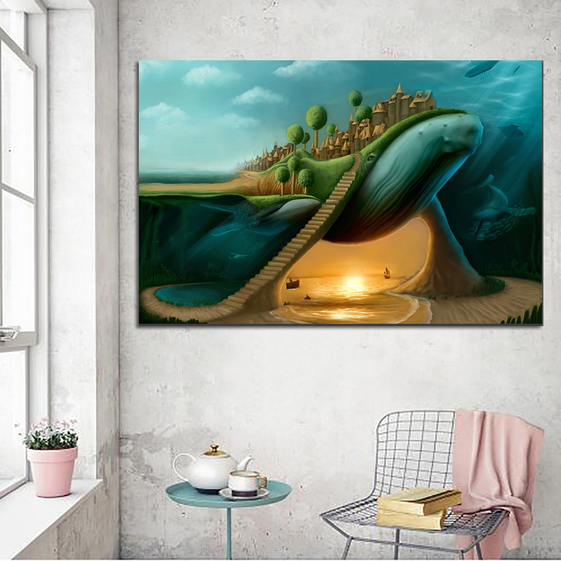 Hotselling Abstract Surrealism Whale And Castle Printed on Canvas Wall Art Picture Living Room Kid's Home Poster Cudros Decor
