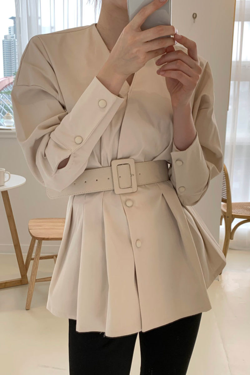 Wohern Korean Ins Elegant Long Sleeve Blouse with Belt Office Lady Casual Slim Waist Puff Ruffle Shirt Chic Blusas Autumn 210519