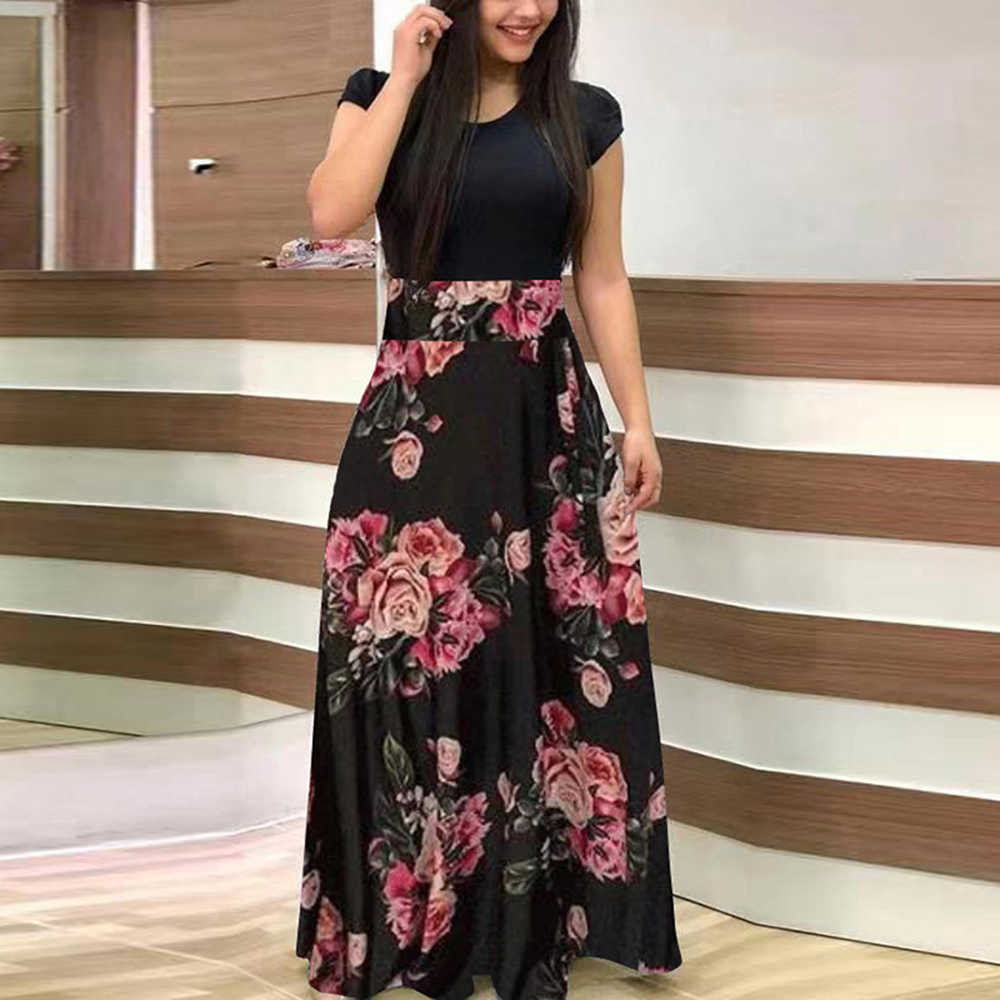 Women Summer Maxi Dresses Casual O Neck Short Sleeve Dot Floral Printed Patchwork Slim Party Long Dress Vestidos Plus Size S-5XL 210526