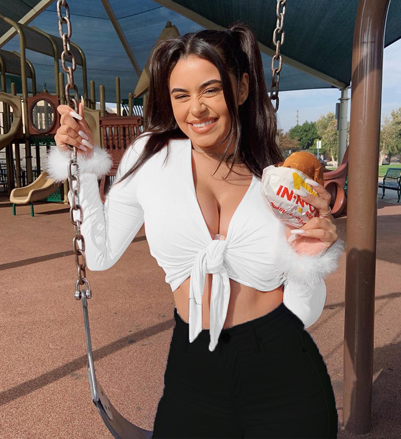 Women Long Sleeve Fur V-Neck Wrapped Bandage Sexy Crop Tops Spring Women Streetwear Club Party Outfits T-Shirts Fashion New 210406