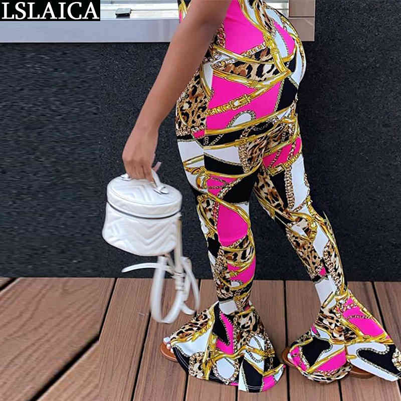 Slim Woman Pants Chain Print Leopard Patchwork Casual Leggings High Waist Fashion Flare Party Club Streetwear Pantalones 210515