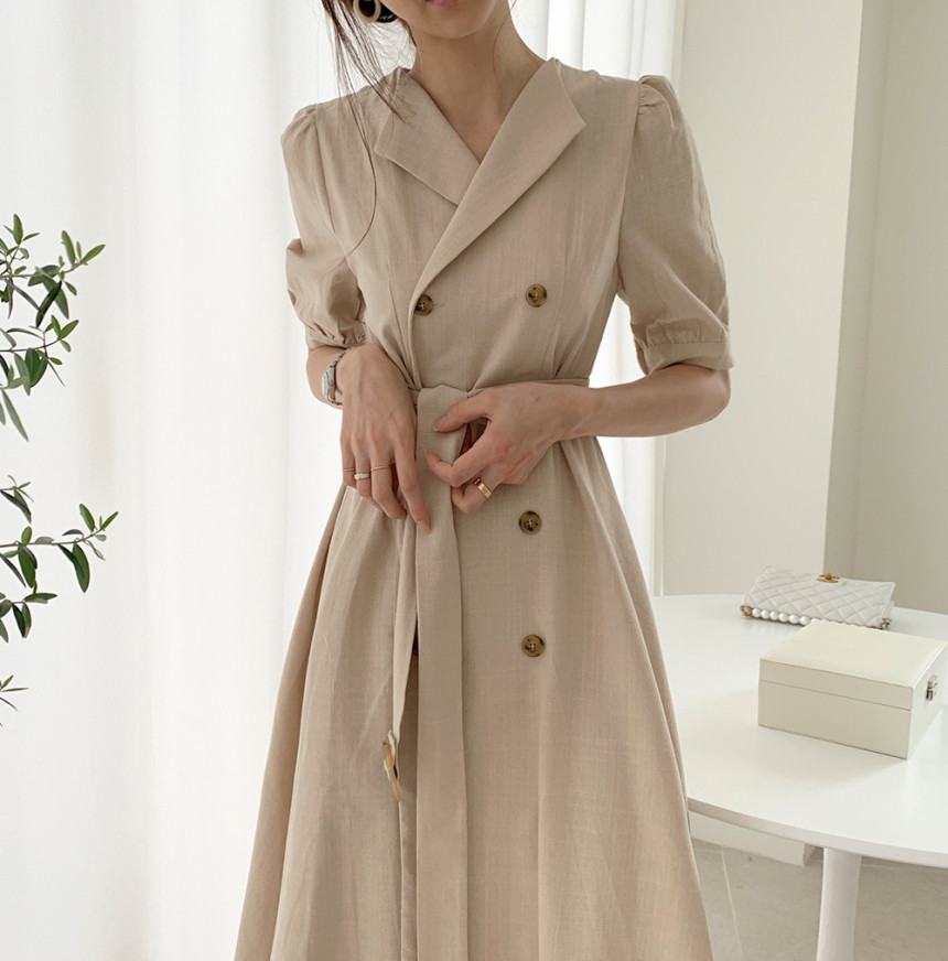 Work Chic Summer Dress Women OL Elegant Vintage Lapel Double-breasted Lace-up Puff Sleeve Slim Office Dresses 210421