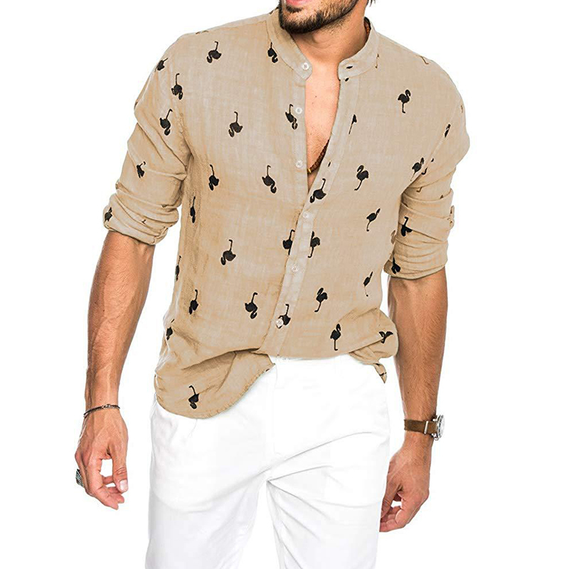 Mens Fashion Casual Printed Flamingo Shirts Social Cotton Linen Slim Fit Summer Hawaiian Korean Collar Long Sleeve Male Business 210410