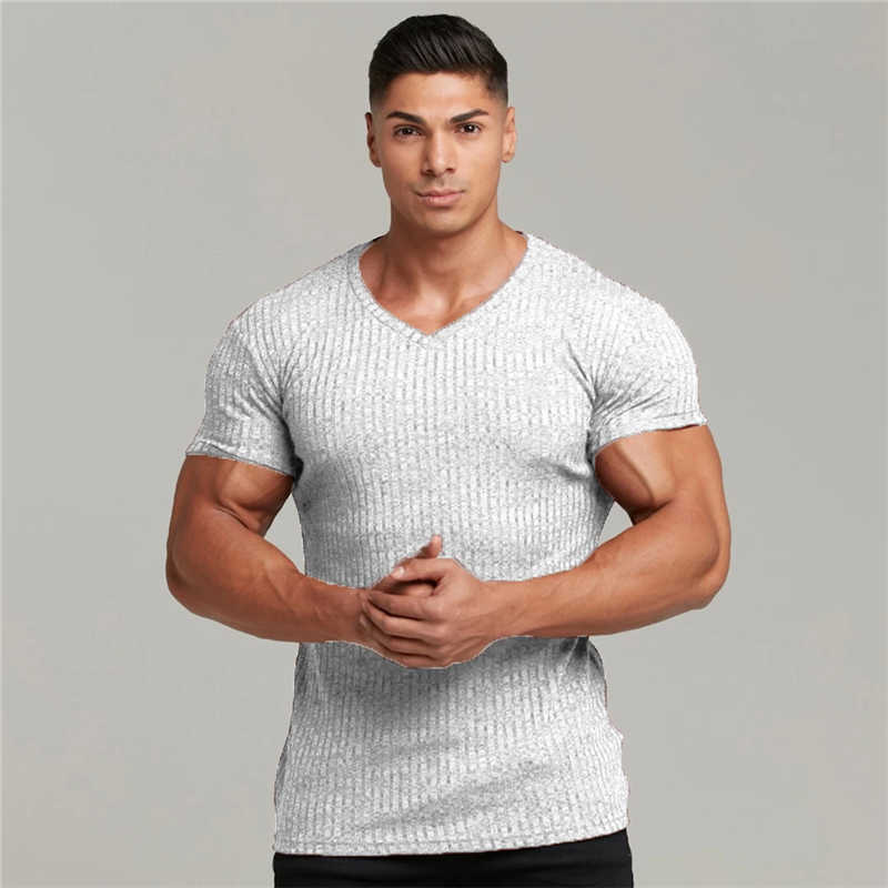 Men V Neck Short Sleeve T Shirt Fitness Slim Fit Sports Strips T-shirt Male Solid Fashion Tees Tops Summer Knitted Gym Clothing 210629