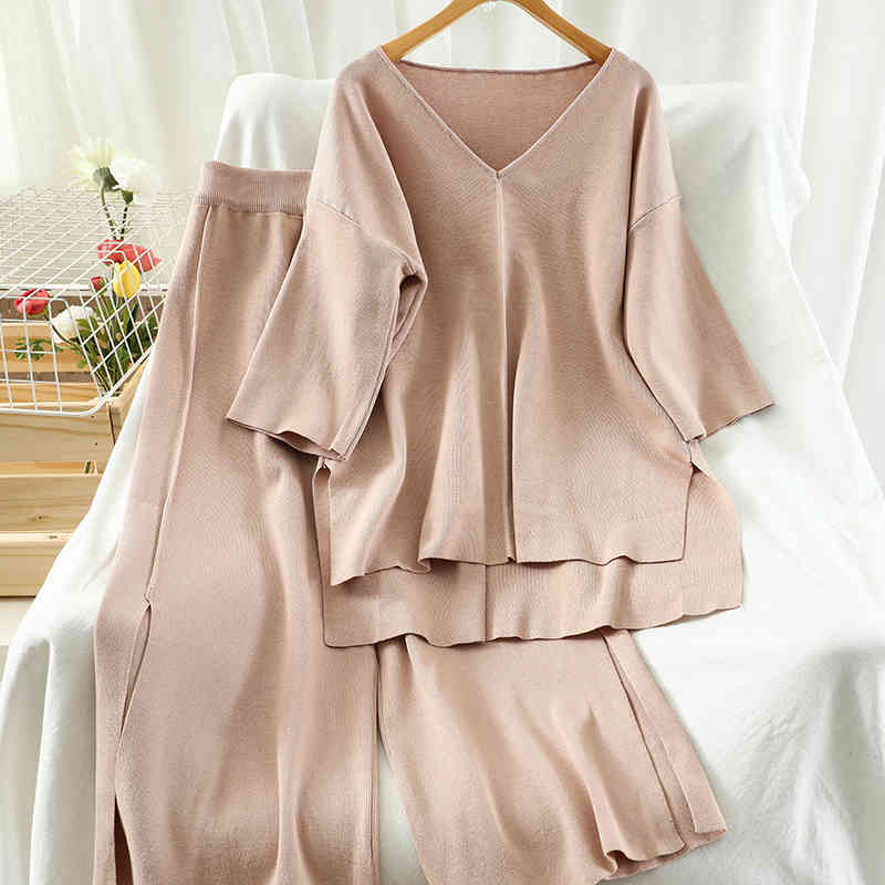 Summer Two Piece Sets Wide Leg Pants Suits for Women Knitted Half Sleeve Casual loose Outfits 210515, Khaki
Summer Two Piece Sets Wide Leg Pants Suits for Women Knitted Half Sleeve Casual loose Outfits 210515, Khaki