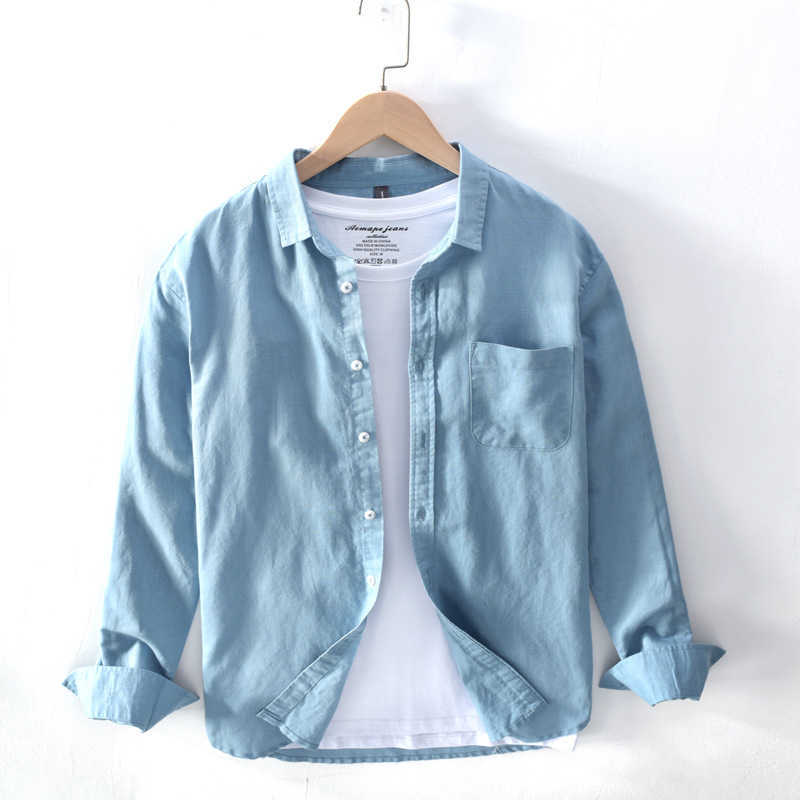 Cotton Linen Casual Shirts Men Basic Classic Red Hawaiian Shirt Male Long Sleeve Stand Collar Breathable Thin Tops 210601