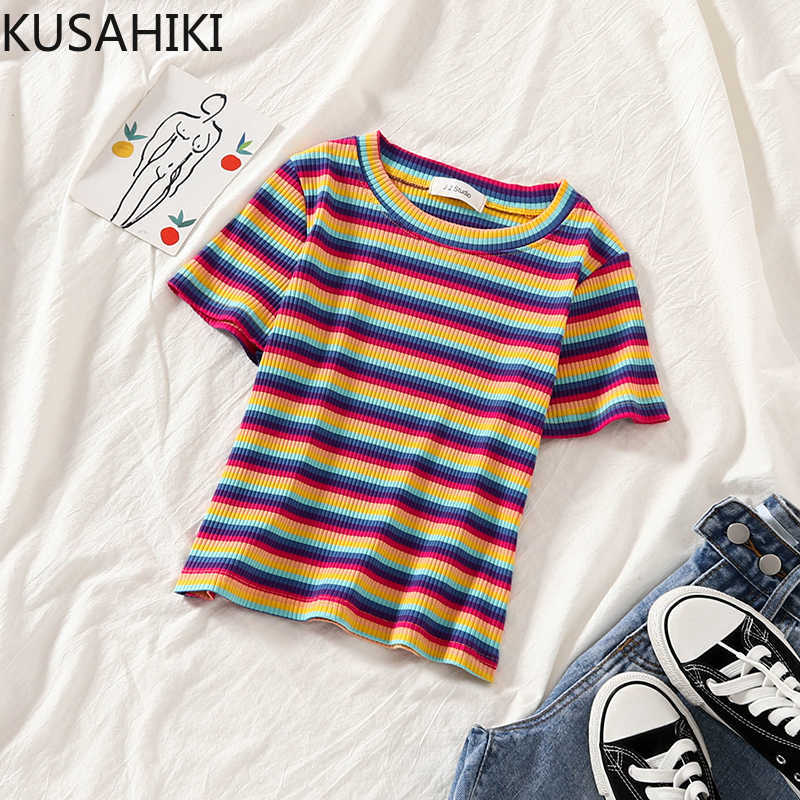 Short Sleeve Knitted Graphic T Shirts Women Korean Rainbow Stripe Tee Tops Casual Summer O-neck Tshirt 6F390 210603, Pink
Short Sleeve Knitted Graphic T Shirts Women Korean Rainbow Stripe Tee Tops Casual Summer O-neck Tshirt 6F390 210603, Pink