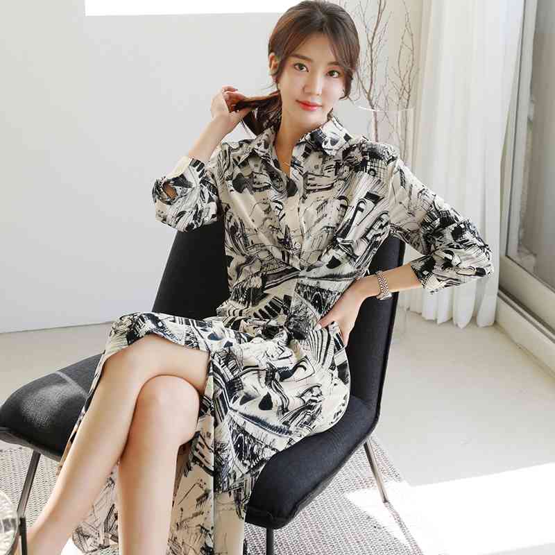 Korea Women Prints Dress Autumn Lapel Long sleeves Waist fold Slim Fashion Chic Streetwear printing Dresses 210506