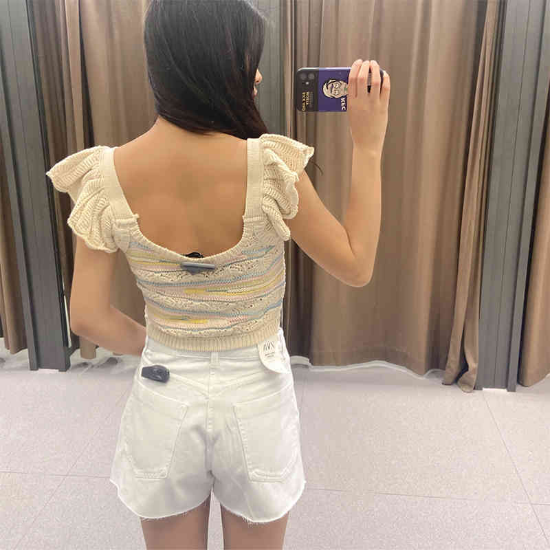 Fashion Women Pointelle Knit Top Sexy Hollow Out O Neck Ruffled Sleeve Summer Tops Chic Blouse 210430