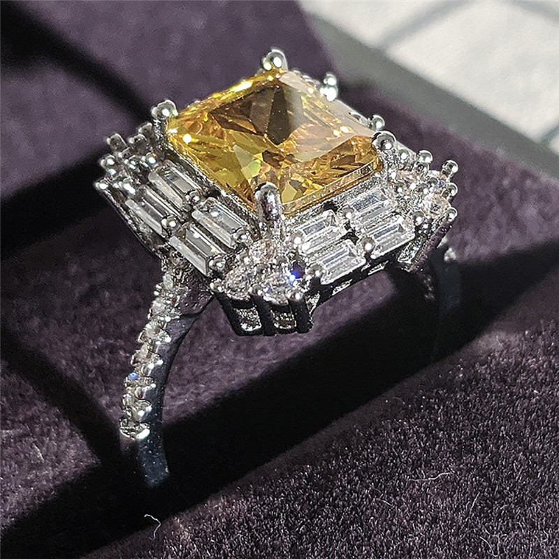 2022 Ins Top Sell Wedding Rings Luxury Jewelry 925 Sterling Silver Princess Cut Yellow Topaz CZ Diamond Gemstones Eternity Women Engagement Band Ring 