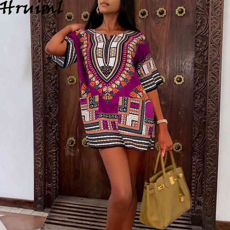 Wholesale Africa Style Summer Dress Short Sleeve V Neck Print Plus Size Casual es Woman Streetwear Fashion Min Female 210513