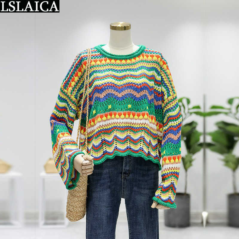 Sweater Women Long Sleeve Colorful Stripes Stitching O-Neck Casual Sweaters For Knit Fashion Autumn Winter Loose 211018