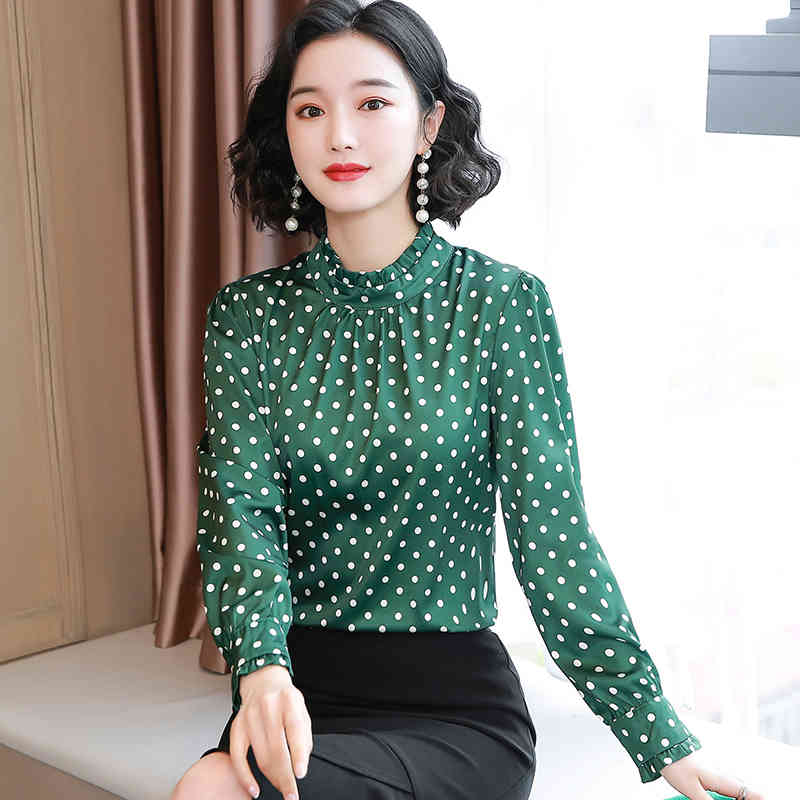 Casual Stand Collar Women Tops Spring Fashion Chiffon Shirts Long Sleeve Polka Dot Blouses Blusas 9068 50 210506