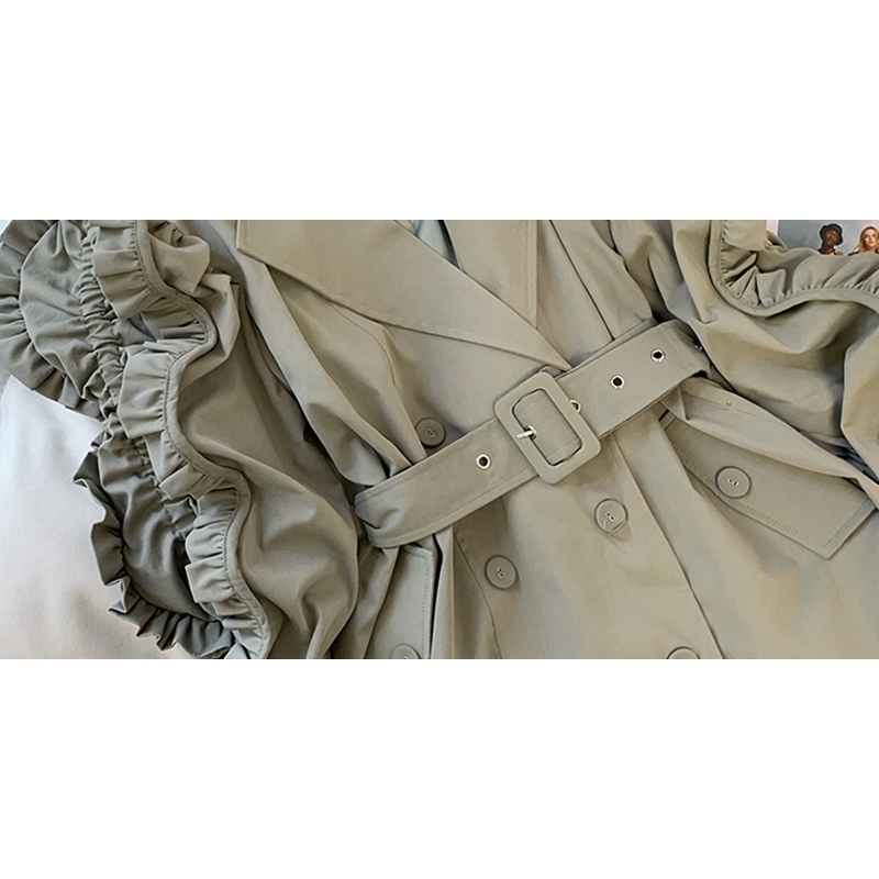 Korean Patchwork Ruffle Windbreaker For Women Lapel Long Sleeve Sashes Black Casual Trench Female Fashion Spring 210524