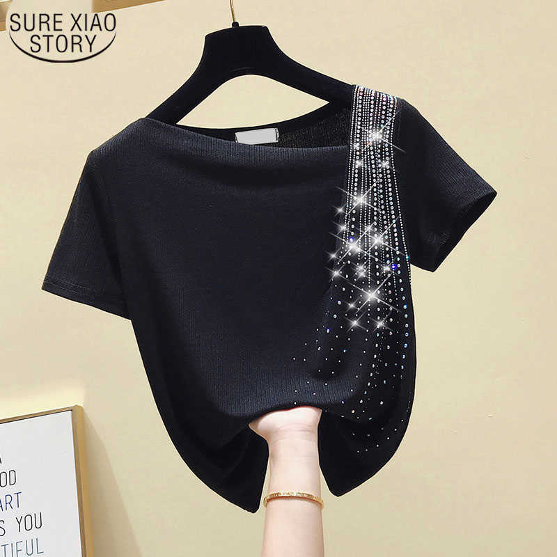 Casual T Shirt for Women Summer Clothing Solid Short Sleeve Tees Tops Irregular Diamonds Black T-shirt Femme Blusas 10016 210527
Casual T Shirt for Women Summer Clothing Solid Short Sleeve Tees Tops Irregular Diamonds Black T-shirt Femme Blusas 10016 210527