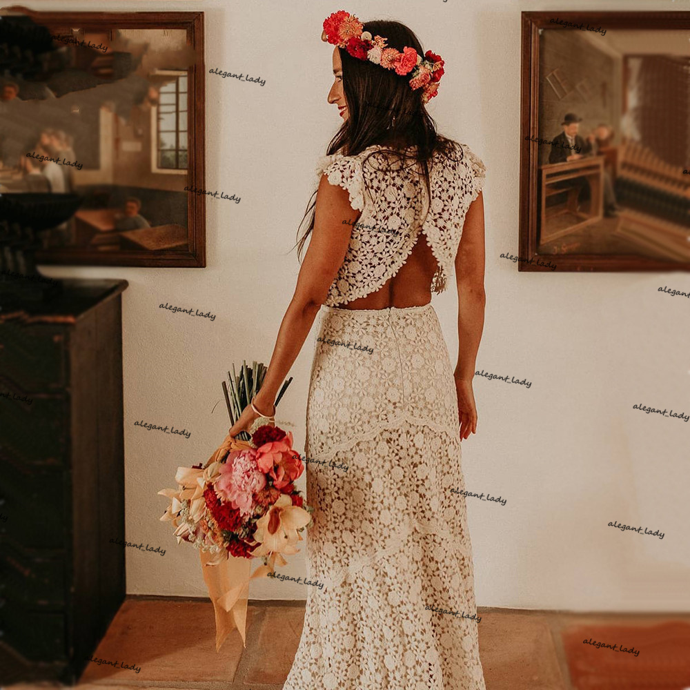 Vintage Crochet Cotton Lace Wedding Dresses Crop Top Bohemian Country Beach Two Pieces Bridal Dress vestido de fiesta de boda
