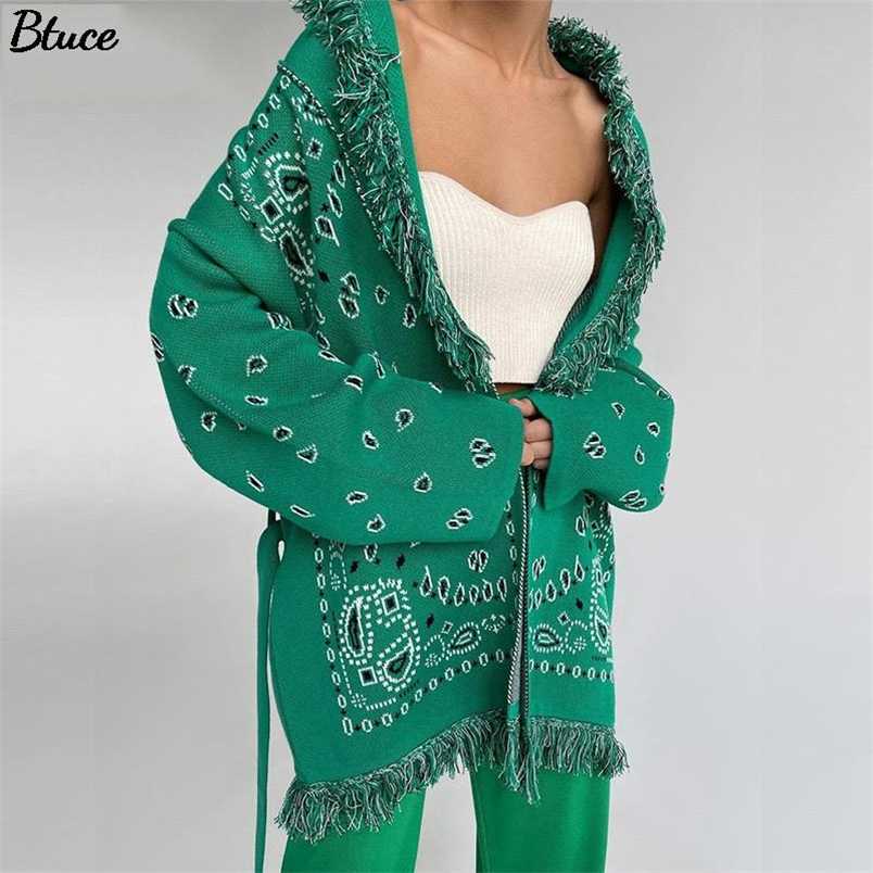 Autumn Winter V Neck Loose Print Knitted Cardigan Women Green Y2k Fashion Oversized With Sashes Long Sleeve Casual Sweater 211007