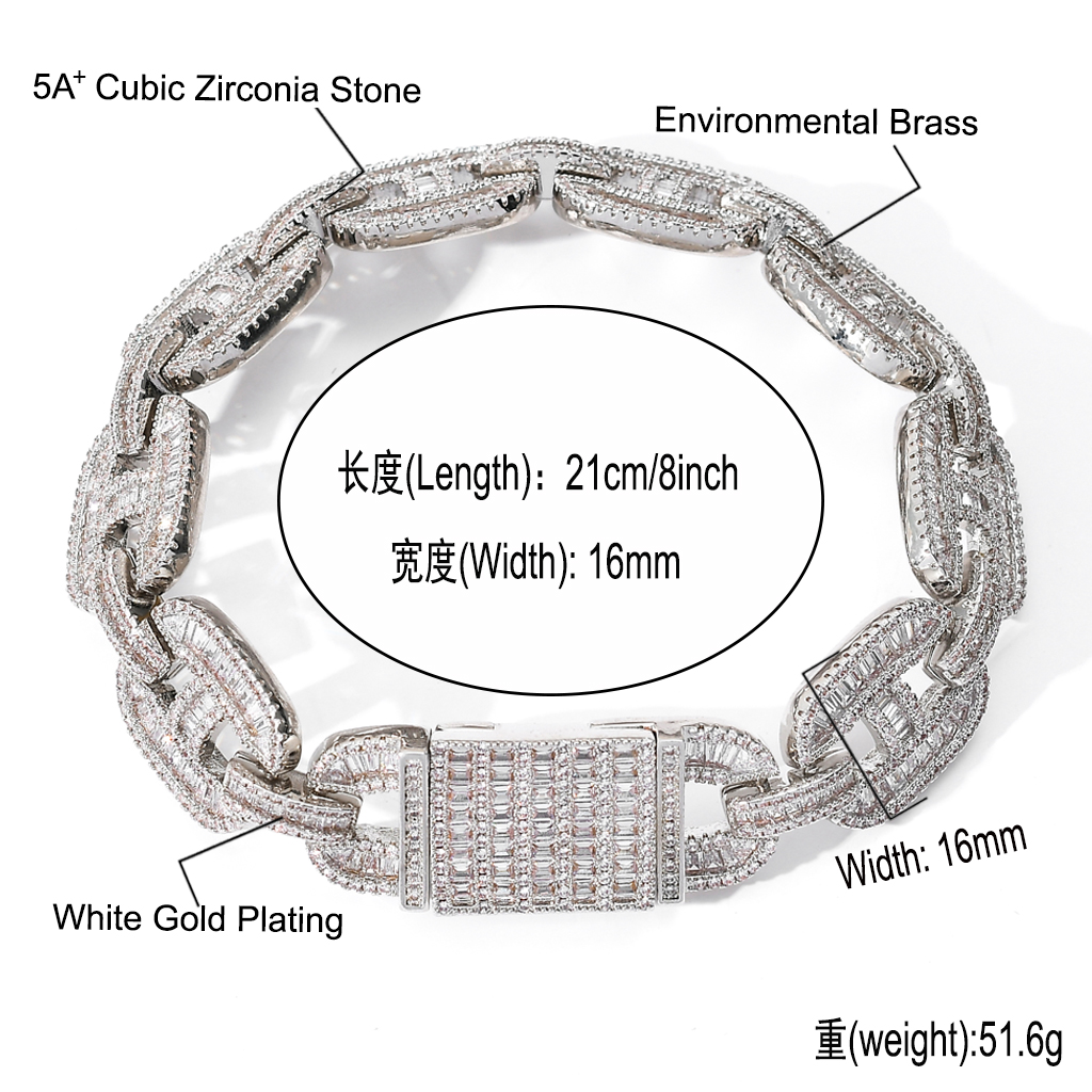 Iced Out CZ Cuban Link Chain Tennis Bracelet New Fashion Charm Hip Hop Bling 16mm Mens Pig Nose Chain Bracelet with Cubic Zircon Gifts for Men And Wom